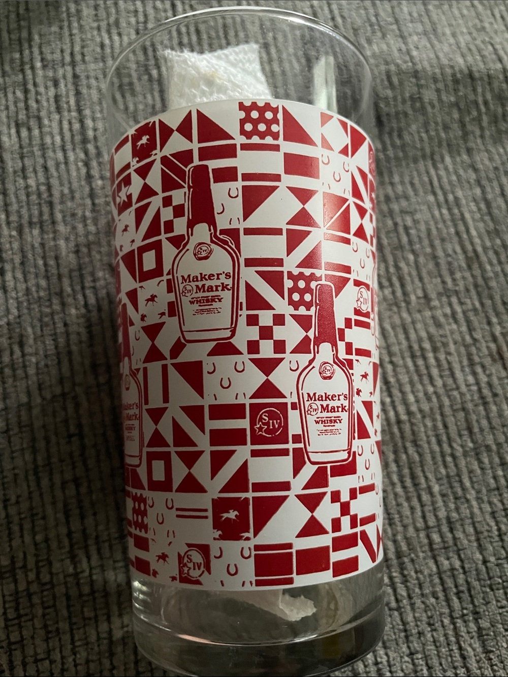RARE Maker’s Mark Vintage bourbon tumbler with red and white silks Whiskey Glass